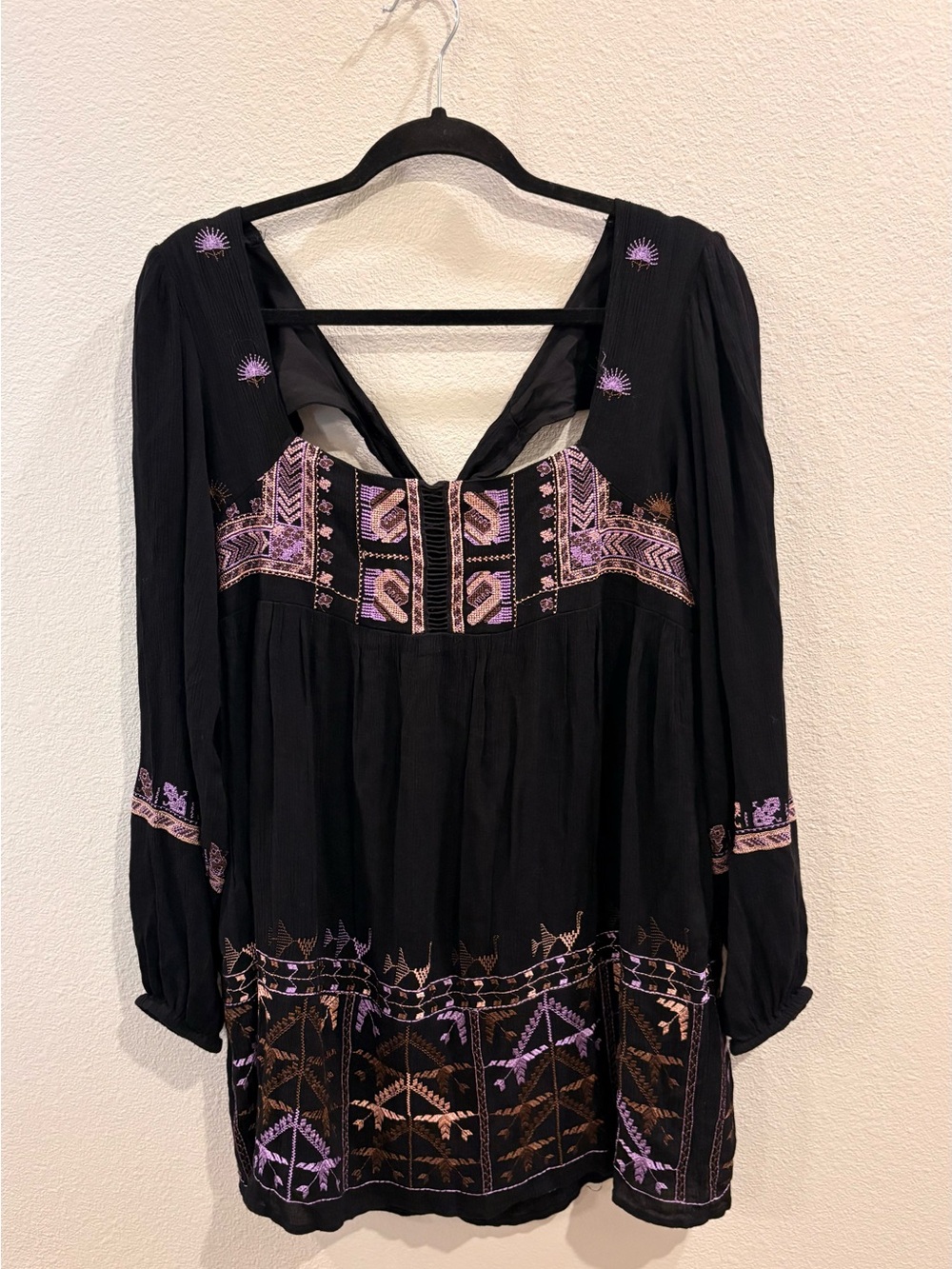 Free People Black Tunic with Lavender and Brown Embroidery